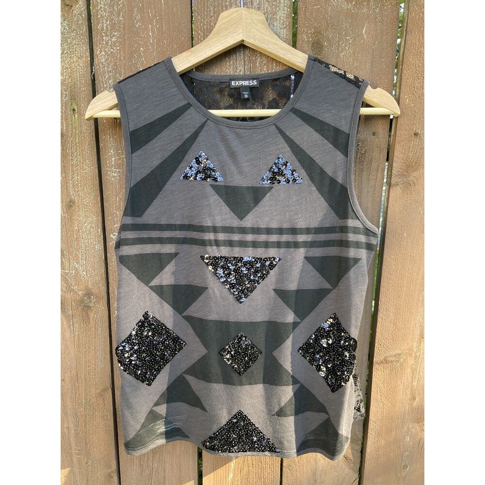 Express XS Tank Top charcoal gray lace back sequins NWOT
